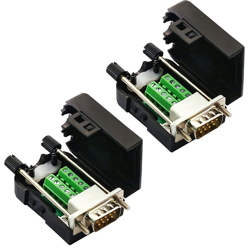 CenryKay 2PCS DB9 Male Solderless Connectorï¼ŒDB9 Male Breakout RS232 D-SUB Serial to 9-pin Port Terminal Connector Breakout Board with Case Long Bolts Tail Pipe - Image 1